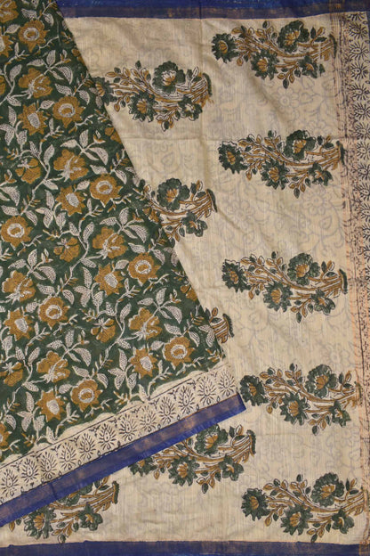 Green Bengal Cotton Floral Kalamkari Style Zari Border Saree