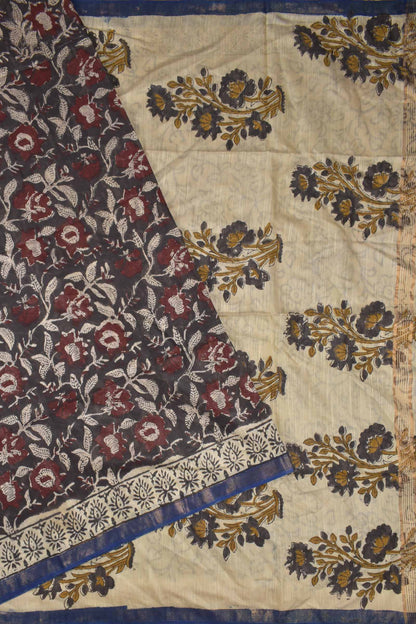 Brown Bengal Cotton Floral Kalamkari Style Zari Border Saree