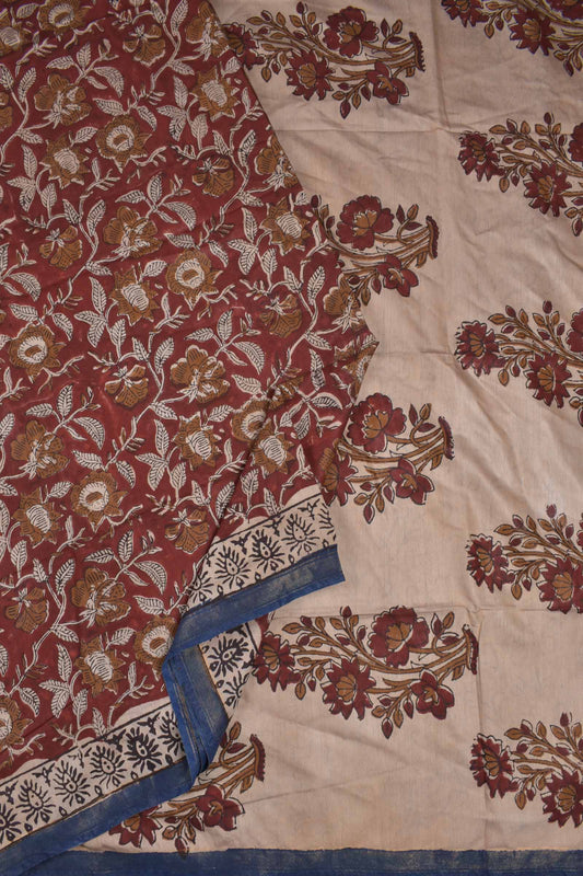 Red Bengal Cotton Floral Kalamkari Style Zari Border Saree