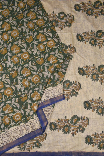 Green Bengal Cotton Floral Kalamkari Style Zari Border Saree