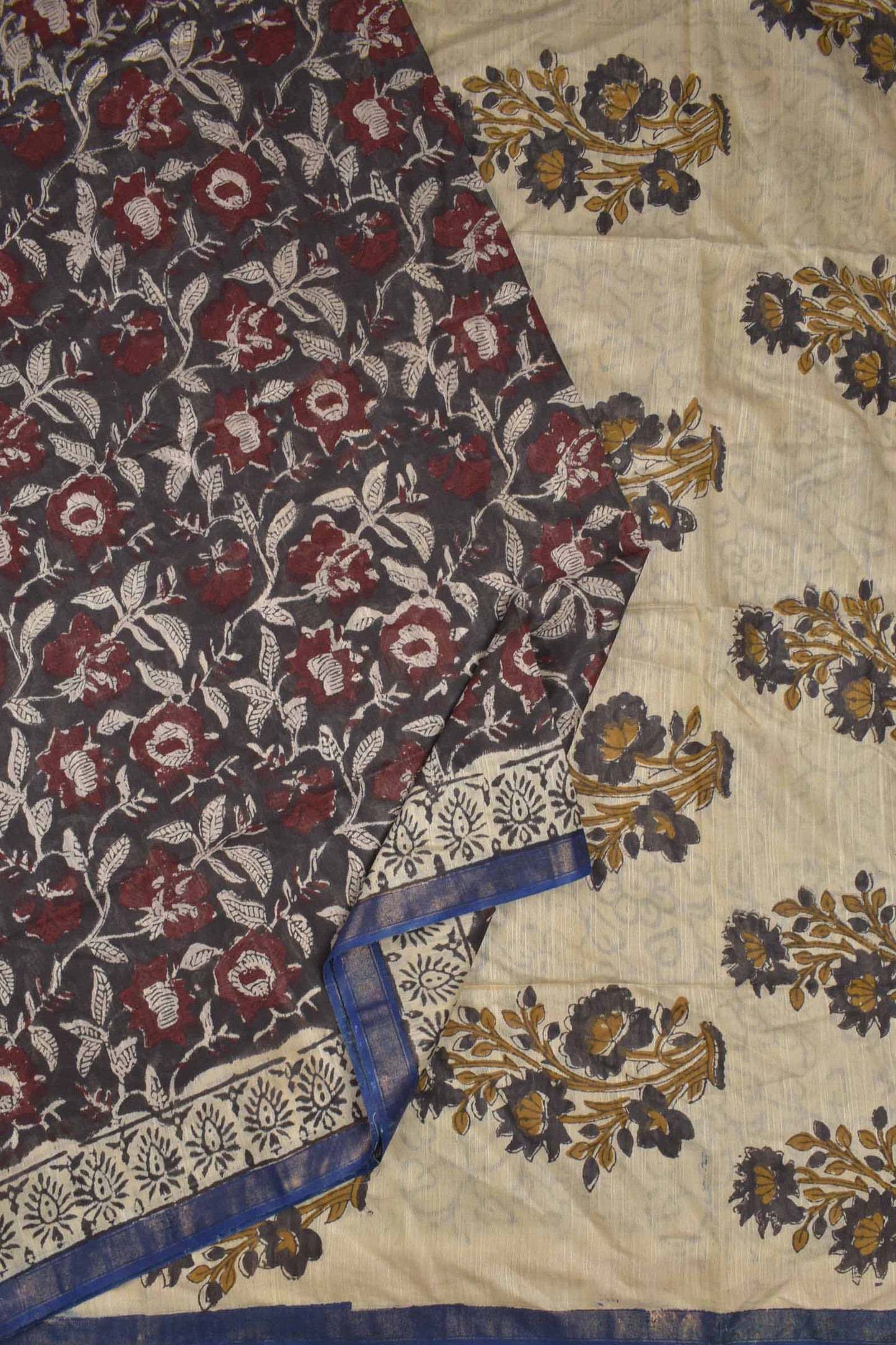 Brown Bengal Cotton Floral Kalamkari Style Zari Border Saree