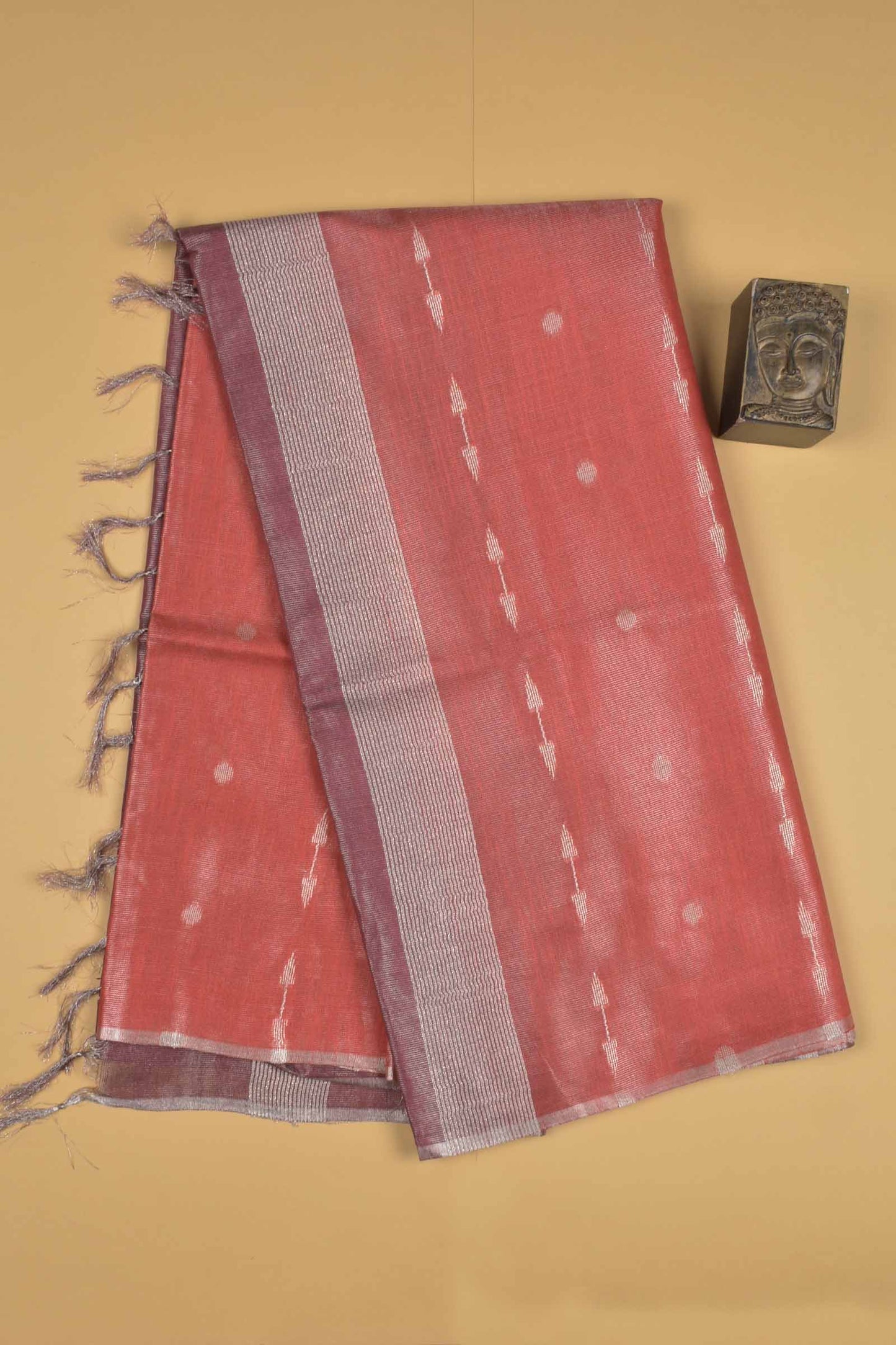Light Red Semi Linen Dots and Darts Tissue Style Saree