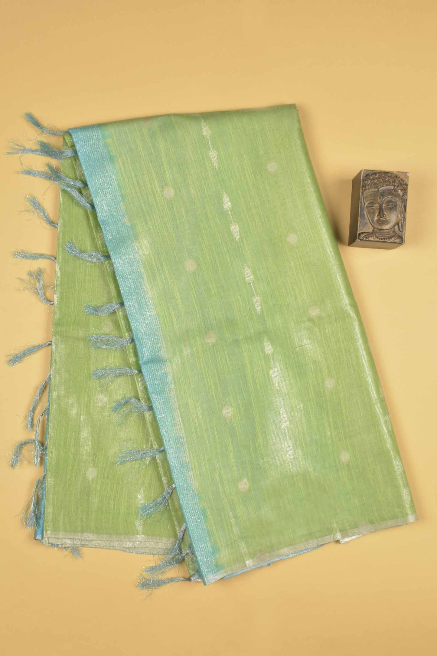 Green Semi Linen Dots and Darts Tissue Style Saree