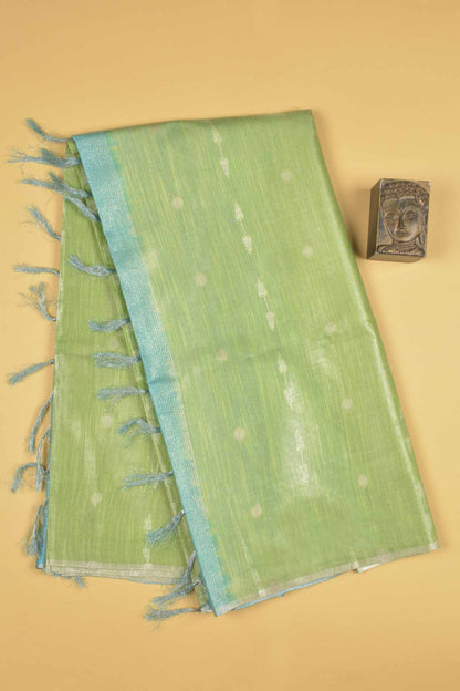 Green Semi Linen Dots and Darts Tissue Style Saree