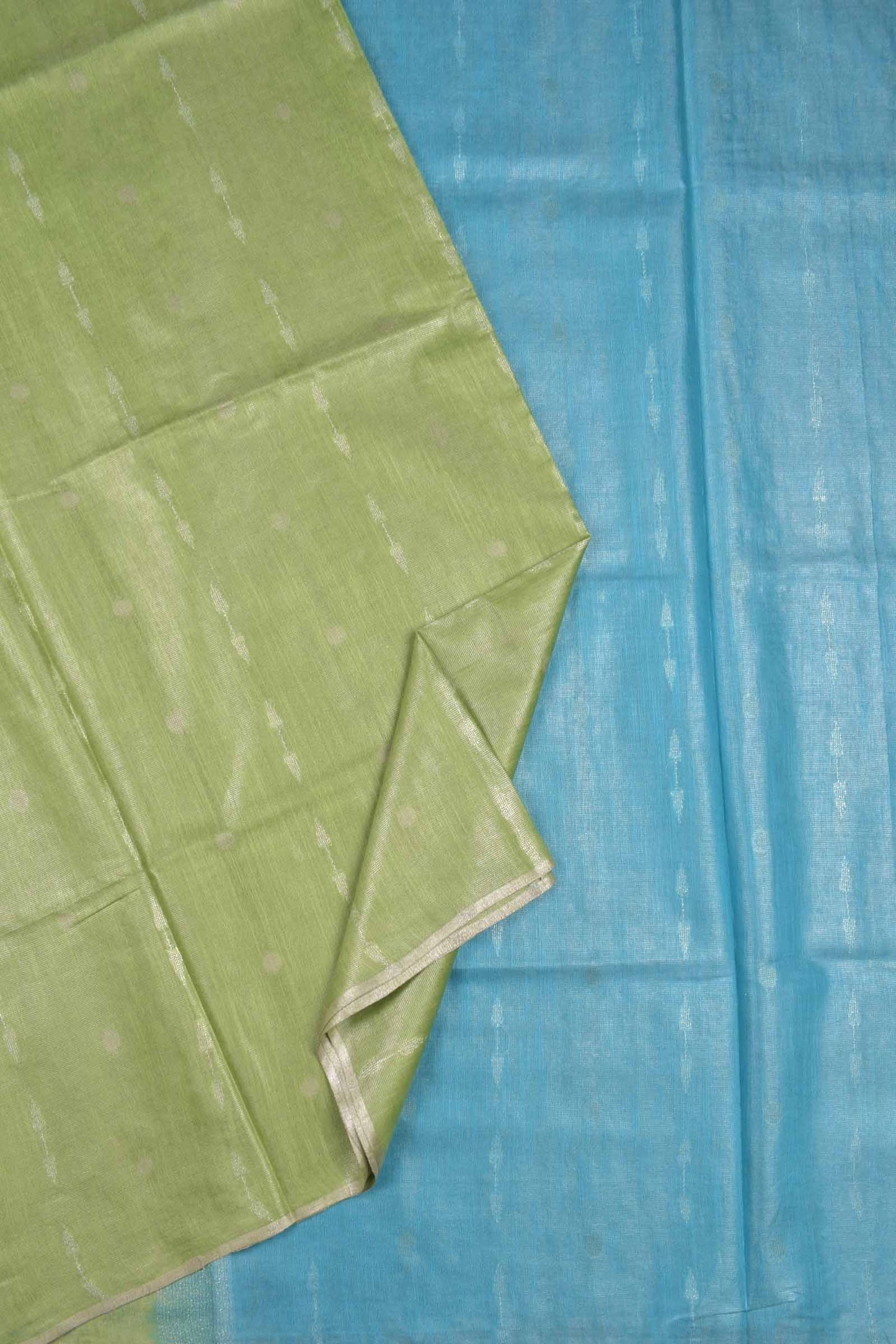 Green Semi Linen Dots and Darts Tissue Style Saree