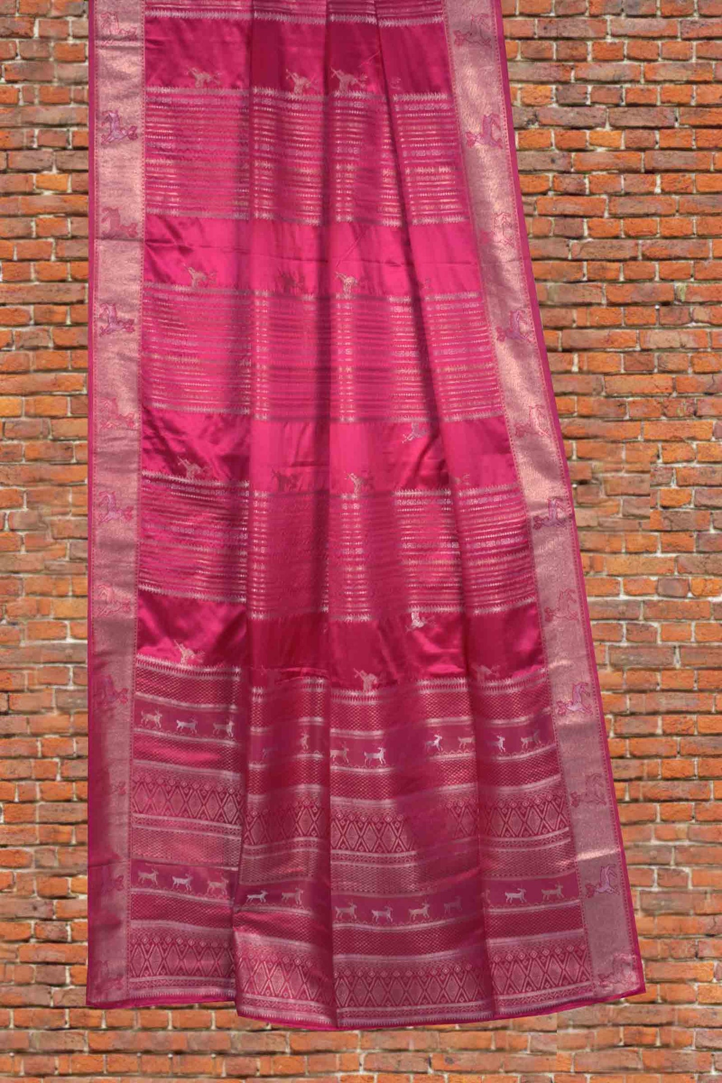 Dark Pink Pure Dola Fancy Heer Lines Zari Border Saree