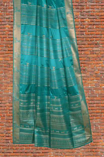 Dark Turquoise Blue Pure Dola Heer Butta Zari Border Saree
