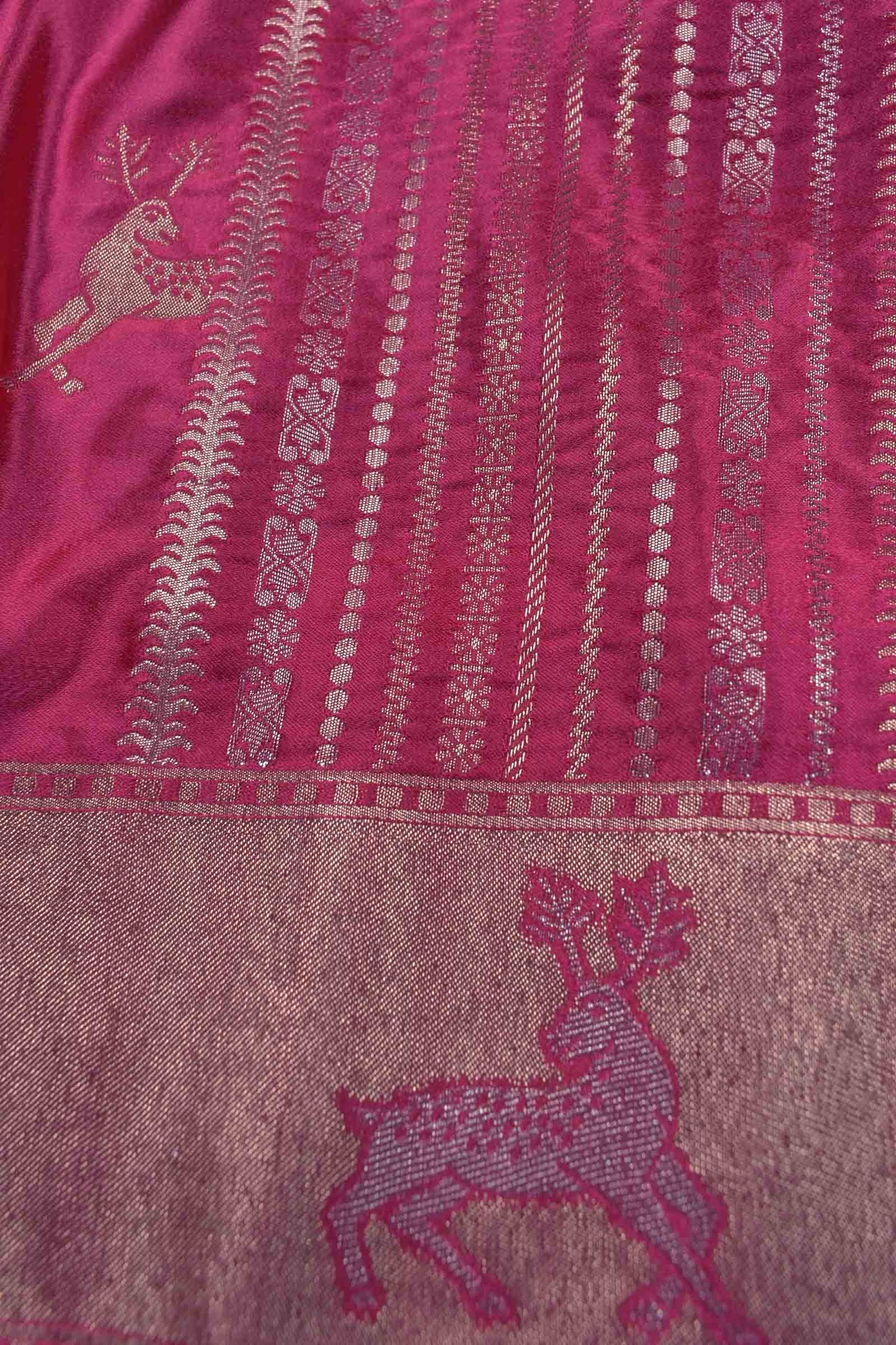 Dark Pink Pure Dola Fancy Heer Lines Zari Border Saree