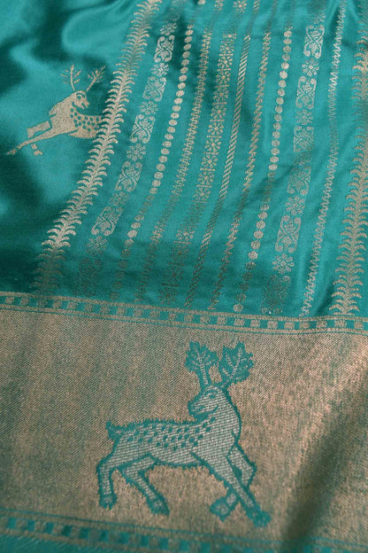 Dark Turquoise Blue Pure Dola Heer Butta Zari Border Saree