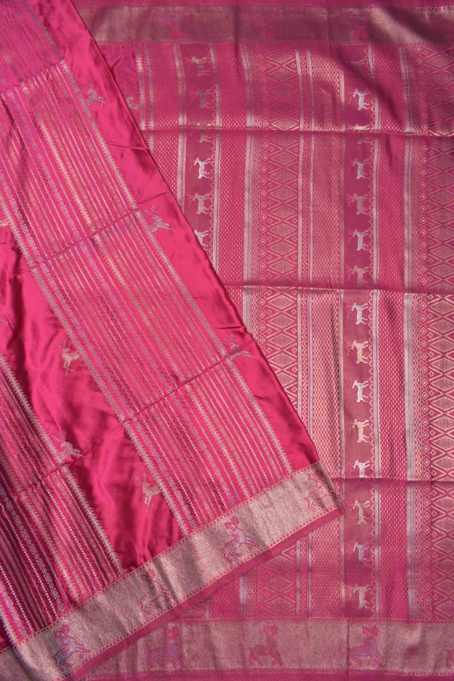 Dark Pink Pure Dola Fancy Heer Lines Zari Border Saree