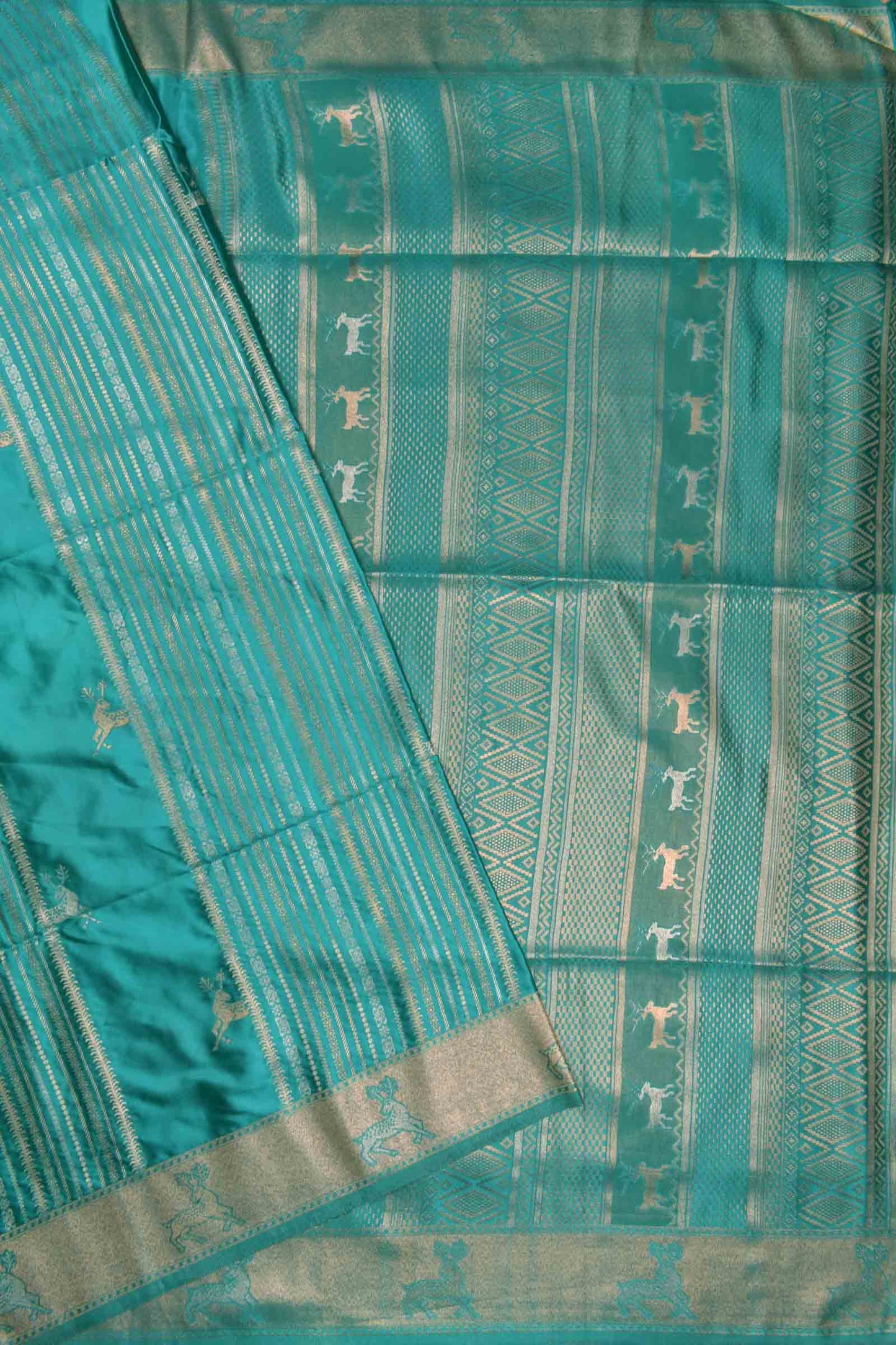 Dark Turquoise Blue Pure Dola Heer Butta Zari Border Saree