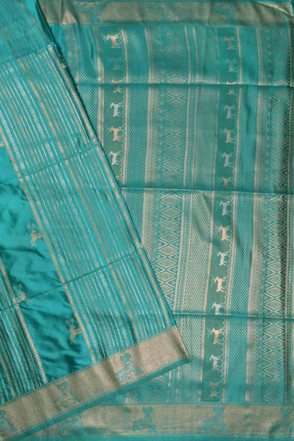 Dark Turquoise Blue Pure Dola Heer Butta Zari Border Saree