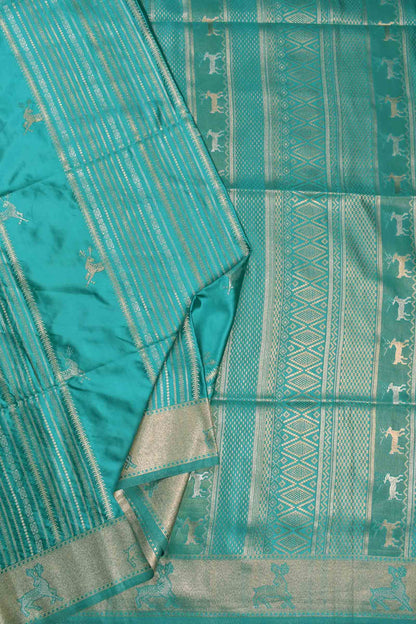 Dark Turquoise Blue Pure Dola Heer Butta Zari Border Saree