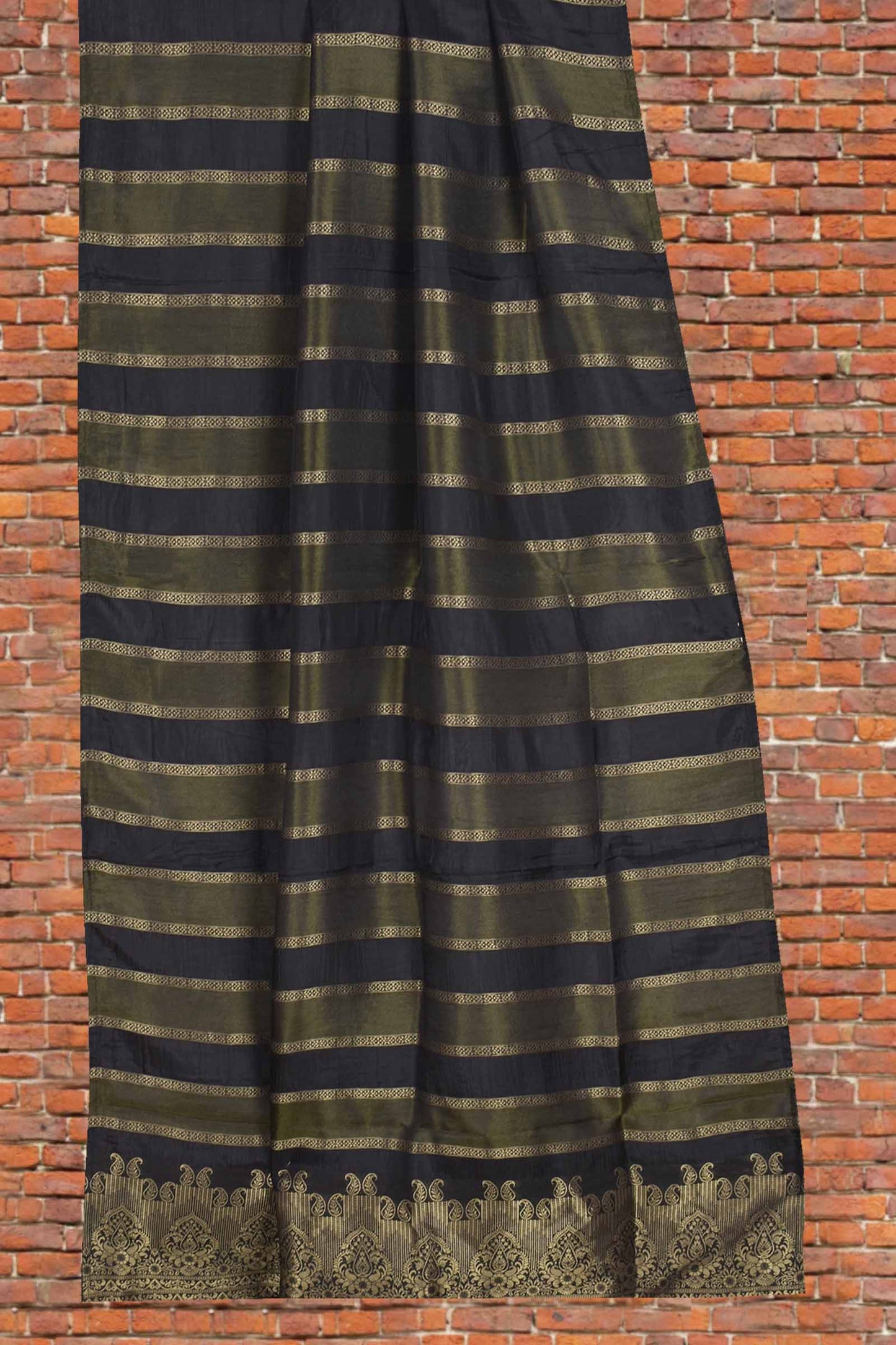 Black With Green Viscose Dola Zari Stripes Paisley Pallu Saree