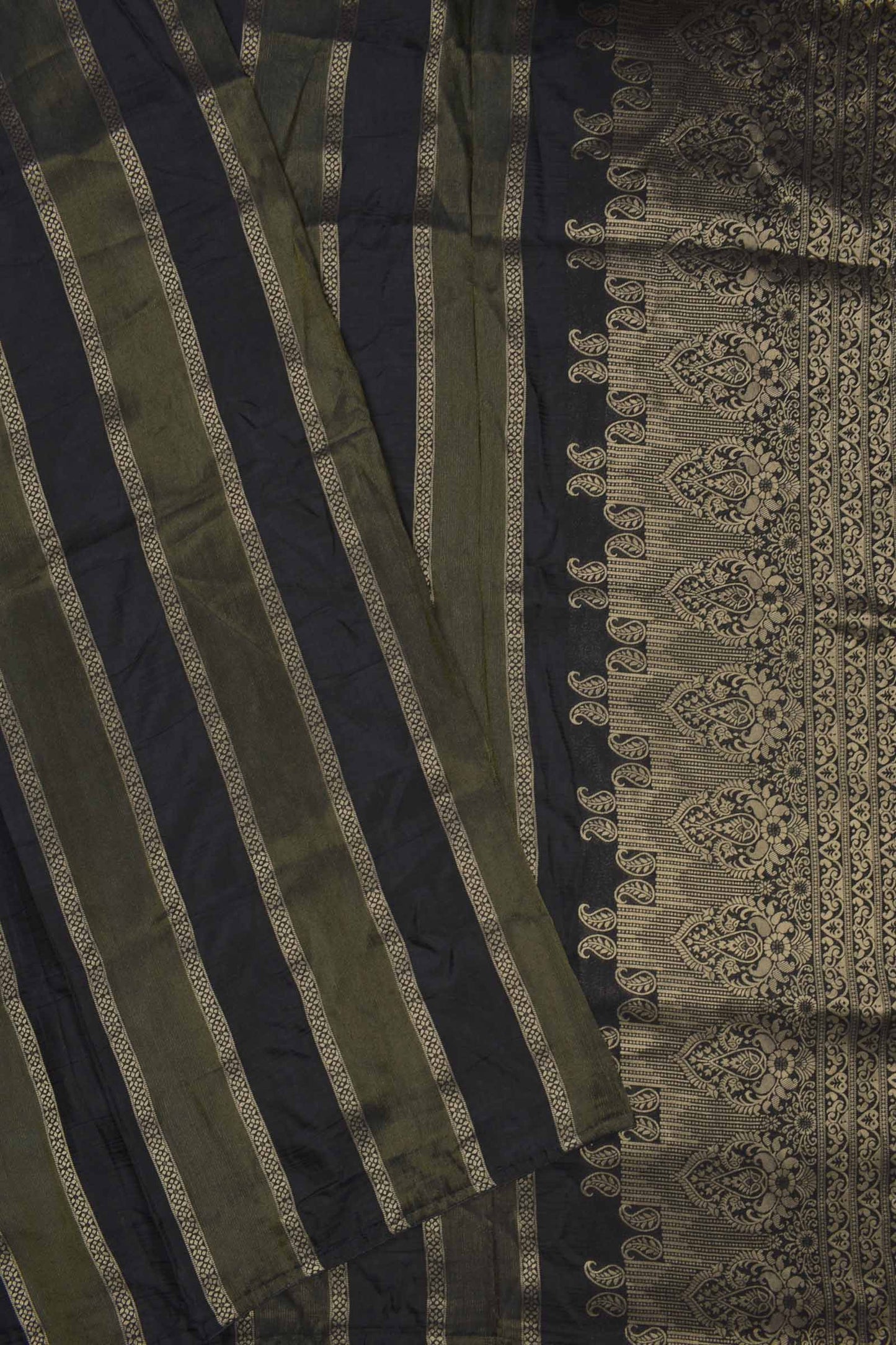 Black With Green Viscose Dola Zari Stripes Paisley Pallu Saree