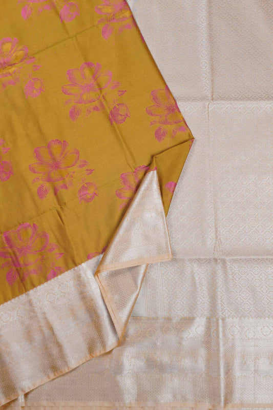 Olive Yellow Contrast Floral Butta Zari Border Pallu Semi Soft Silk Saree