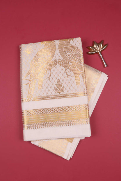 Off White Pure Kerala Cotton Squares Butta Parrots Pallu Saree