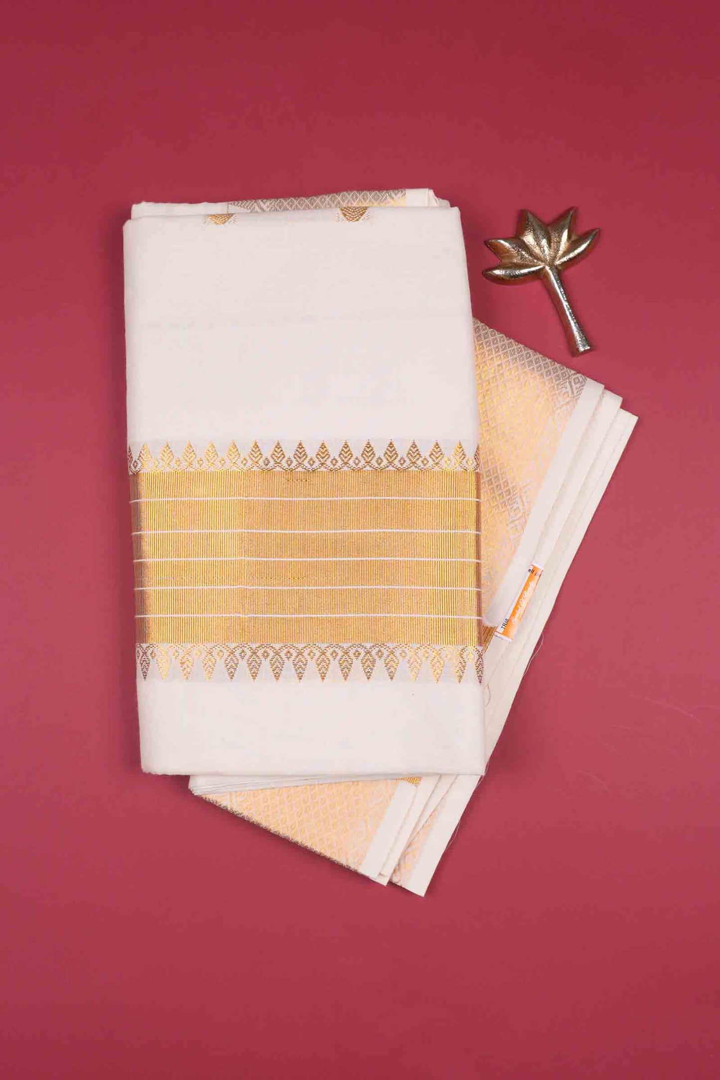 Off White Pure Kerala Cotton Twin Lotus Butta Golden Zari Saree