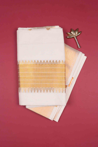 Off White Pure Kerala Cotton Twin Lotus Butta Golden Zari Saree