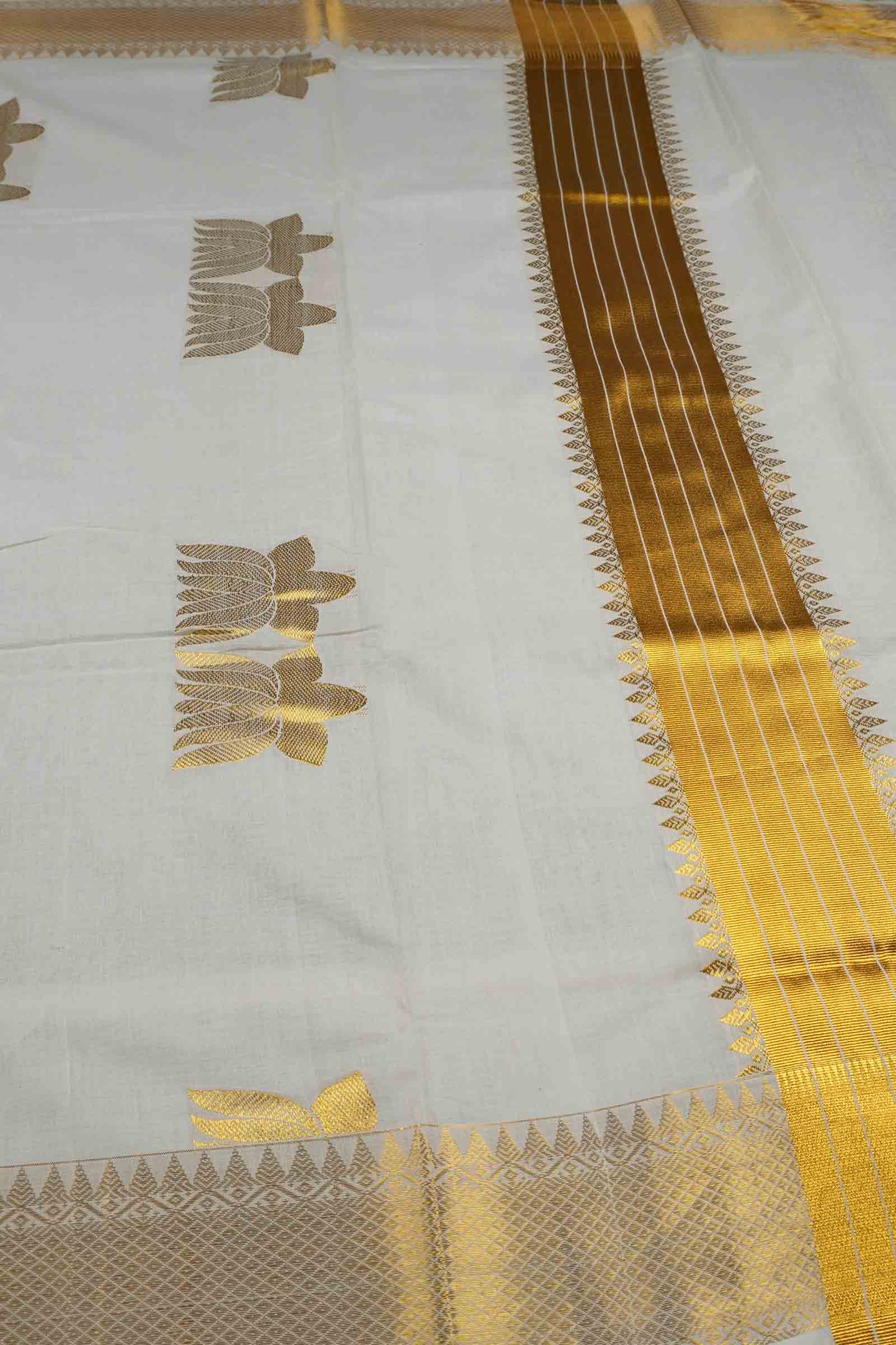 Off White Pure Kerala Cotton Twin Lotus Butta Golden Zari Saree
