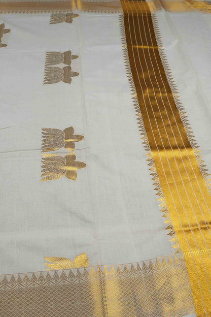 Off White Pure Kerala Cotton Twin Lotus Butta Golden Zari Saree