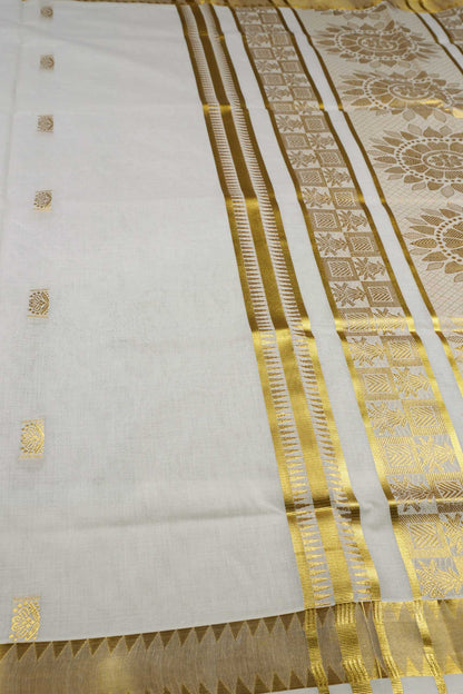 Off White Pure Kerala Cotton Traditional Butta Golden Rich Pallu Saree