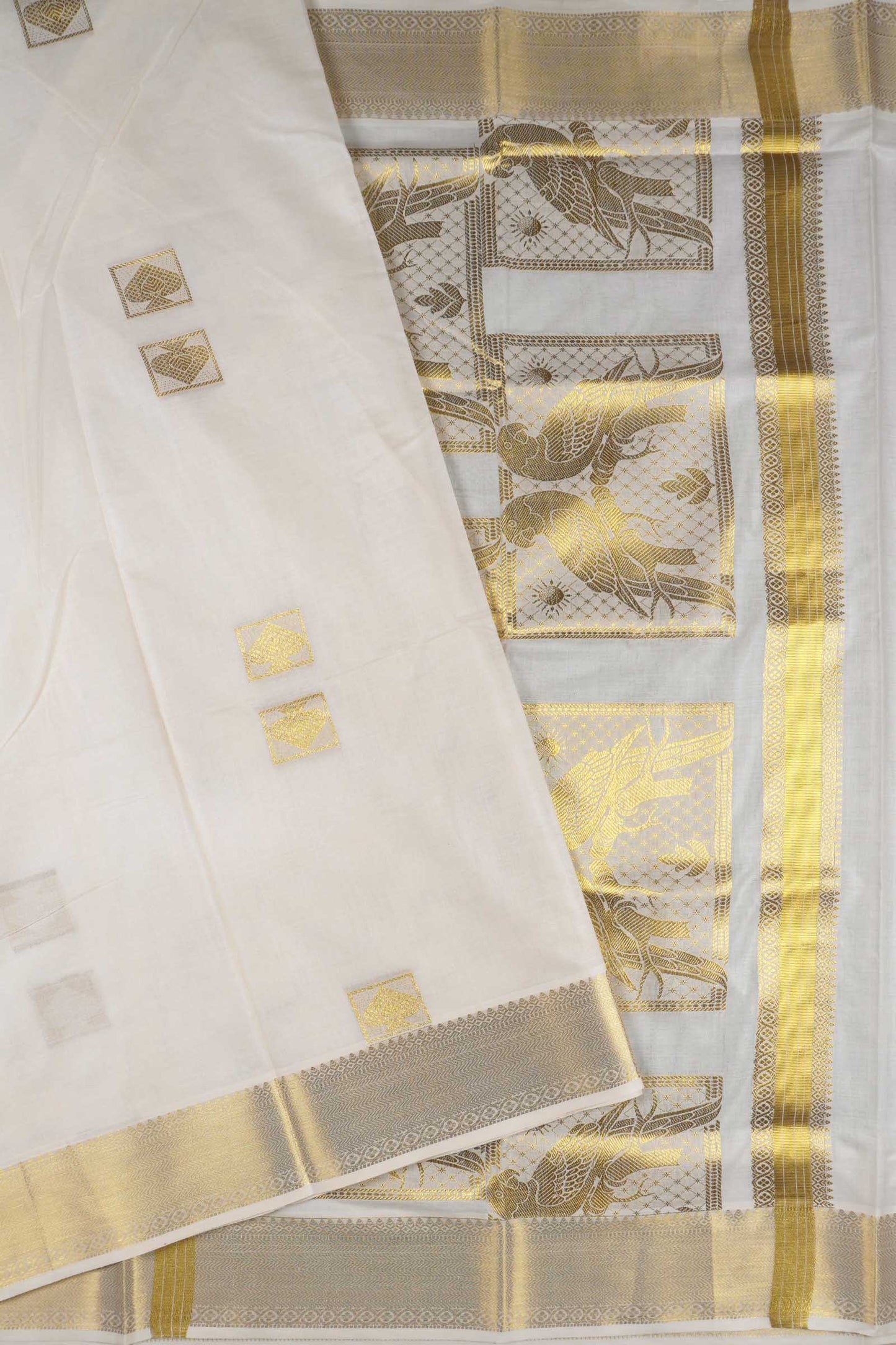 Off White Pure Kerala Cotton Squares Butta Parrots Pallu Saree