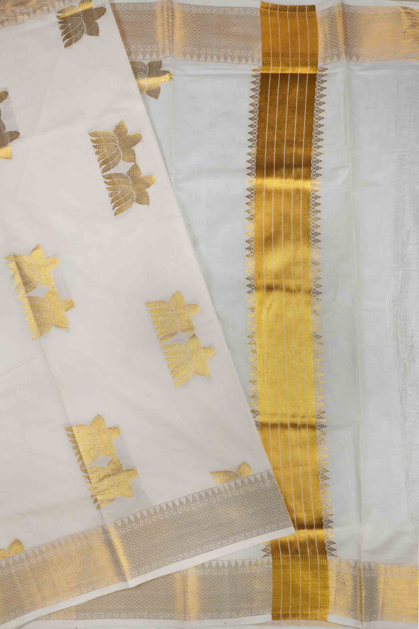 Off White Pure Kerala Cotton Twin Lotus Butta Golden Zari Saree