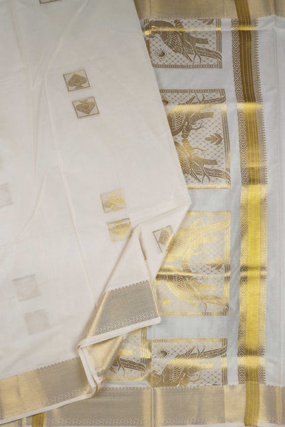 Off White Pure Kerala Cotton Squares Butta Parrots Pallu Saree