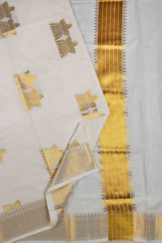 Off White Pure Kerala Cotton Twin Lotus Butta Golden Zari Saree