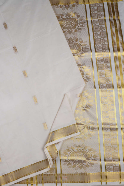 Off White Pure Kerala Cotton Traditional Butta Golden Rich Pallu Saree