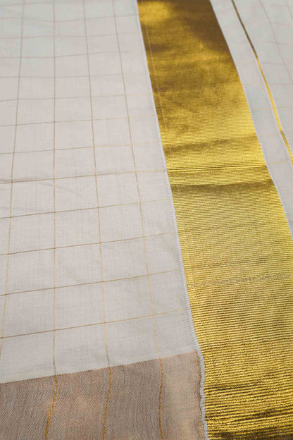 Off White Kerala Pure Cotton Checks Body and Pallu Saree