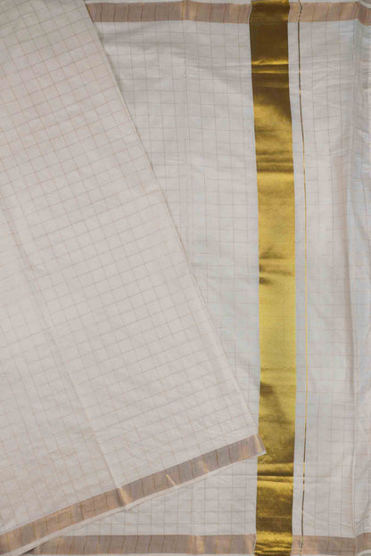 Off White Kerala Pure Cotton Checks Body and Pallu Saree