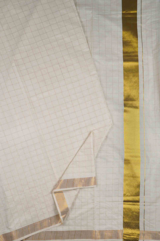 Off White Kerala Pure Cotton Checks Body and Pallu Saree