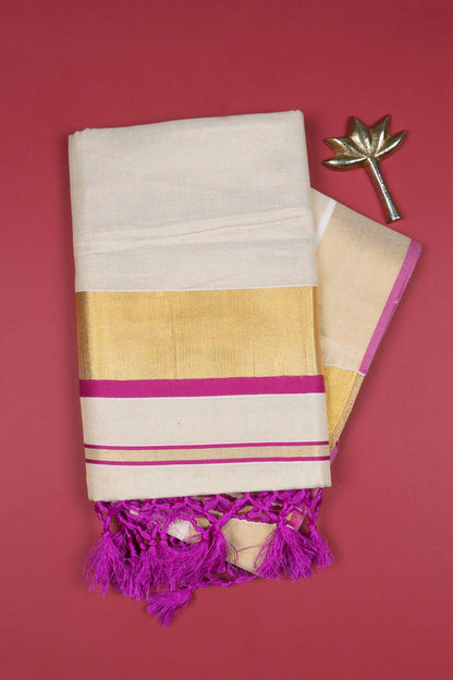 Off White Kerala Fancy Tissue Cotton Golden Zari Pallu Pink Border Saree