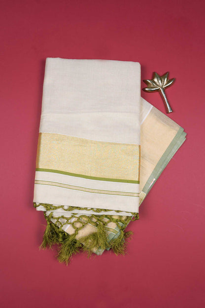 Off White Kerala Tissue Cotton Golden Zari Pallu Green Border Saree
