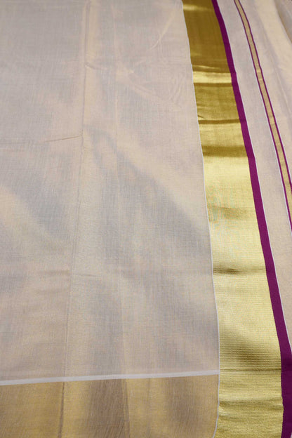 Off White Kerala Fancy Tissue Cotton Golden Zari Pallu Pink Border Saree