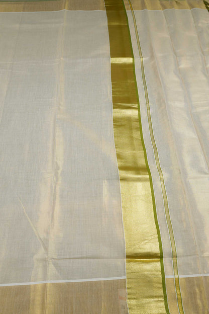 Off White Kerala Tissue Cotton Golden Zari Pallu Green Border Saree