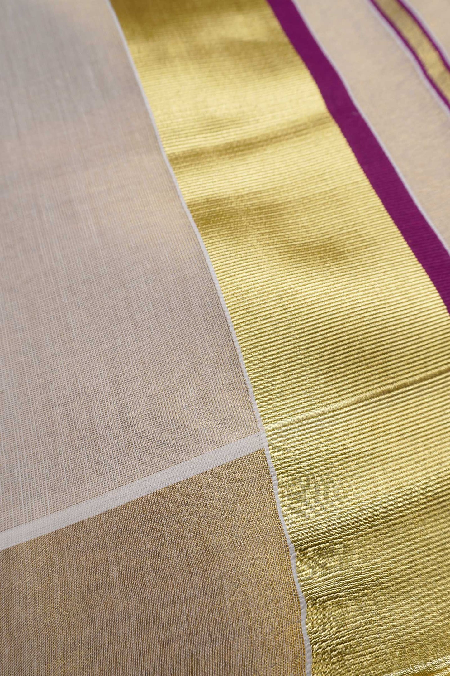 Off White Kerala Fancy Tissue Cotton Golden Zari Pallu Pink Border Saree