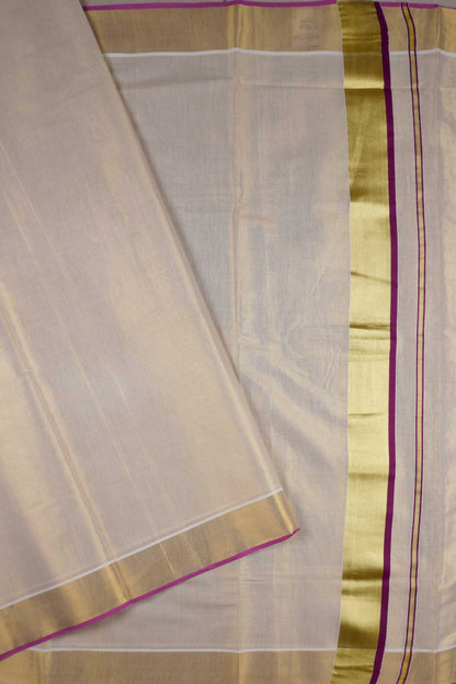 Off White Kerala Fancy Tissue Cotton Golden Zari Pallu Pink Border Saree