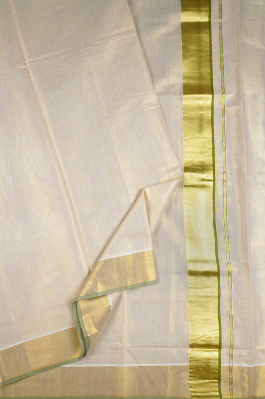 Off White Kerala Tissue Cotton Golden Zari Pallu Green Border Saree