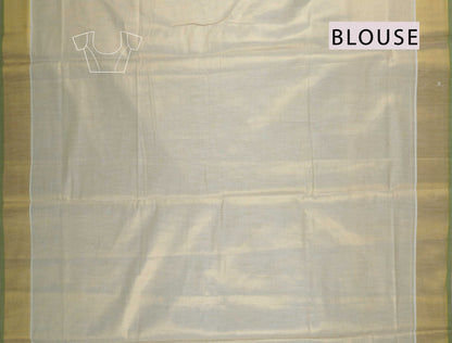 Off White Kerala Tissue Cotton Golden Zari Pallu Green Border Saree