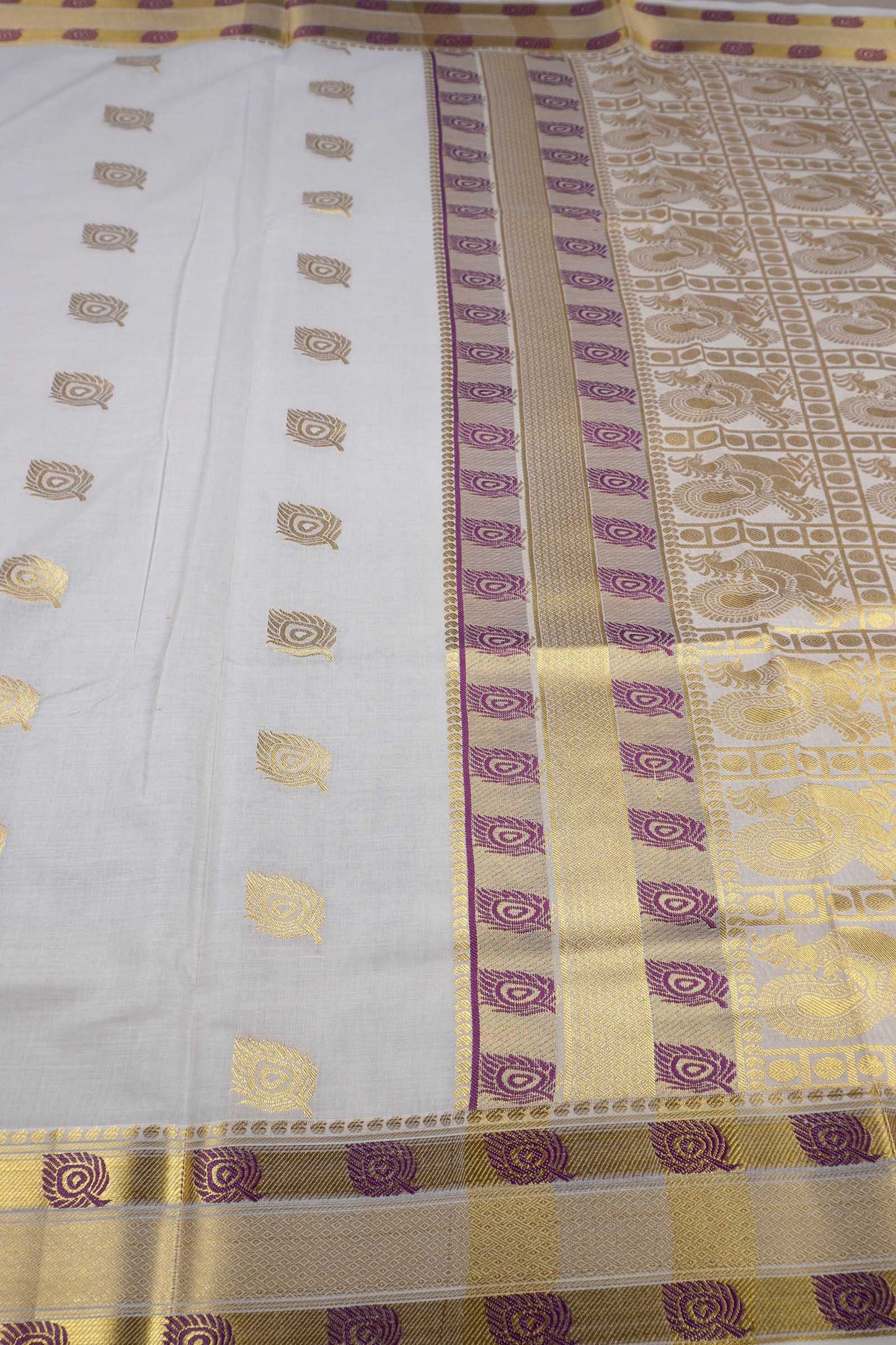 Off White Pure Kerala Cotton Mayil Iragu Butta Rich Golden Peacock Pallu Saree