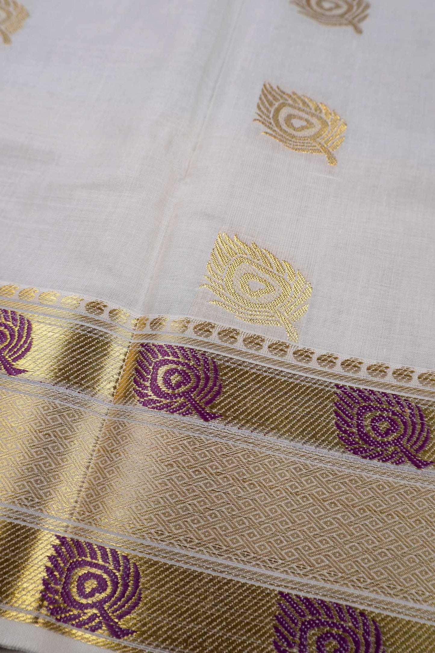 Off White Pure Kerala Cotton Mayil Iragu Butta Rich Golden Peacock Pallu Saree
