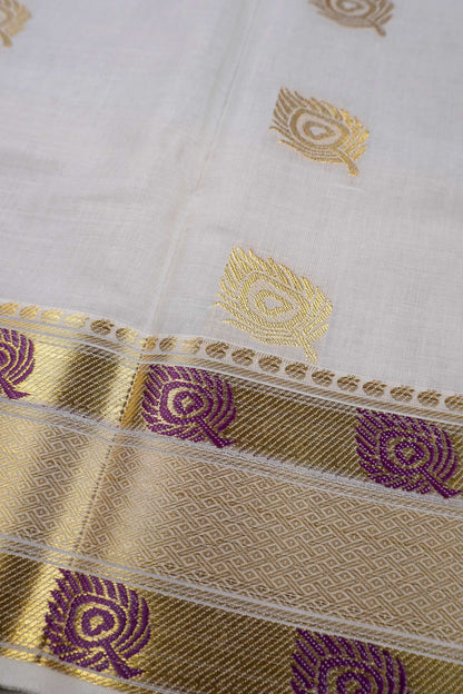 Off White Pure Kerala Cotton Mayil Iragu Butta Rich Golden Peacock Pallu Saree