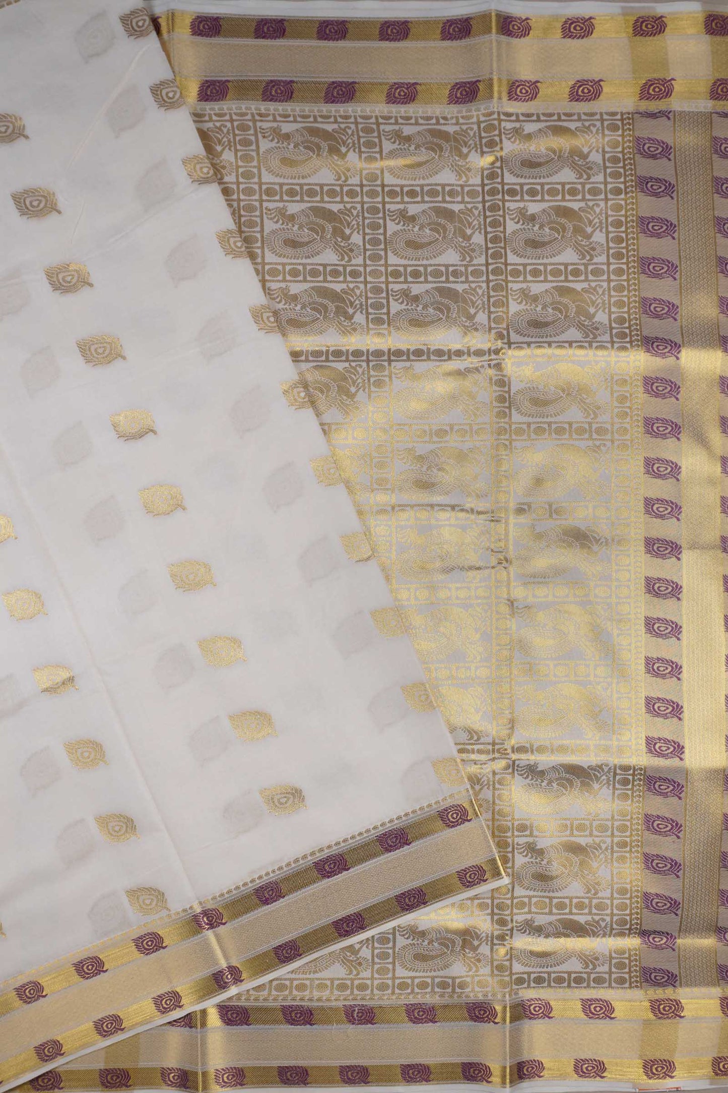 Off White Pure Kerala Cotton Mayil Iragu Butta Rich Golden Peacock Pallu Saree