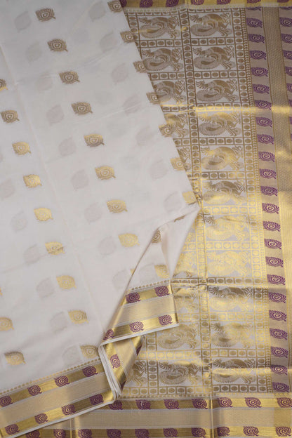 Off White Pure Kerala Cotton Mayil Iragu Butta Rich Golden Peacock Pallu Saree