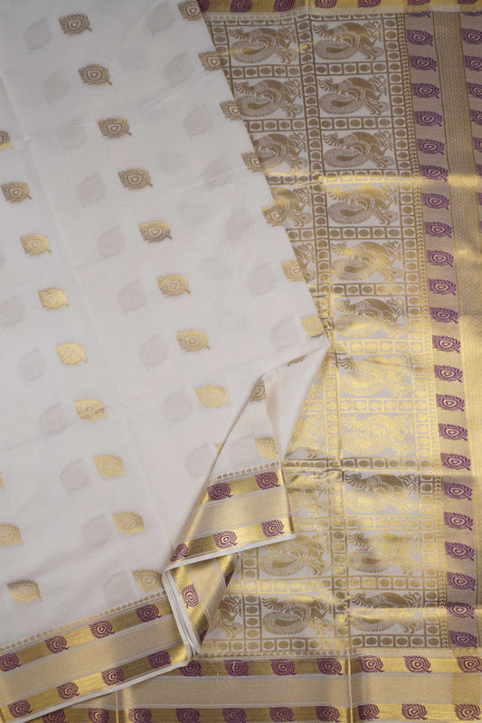 Off White Pure Kerala Cotton Mayil Iragu Butta Rich Golden Peacock Pallu Saree