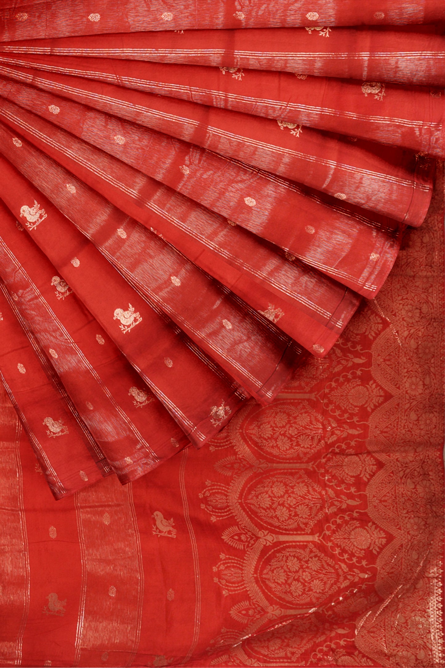 Red Dola Zari Lines Little Birds Butta Fancy Zari Pallu Saree