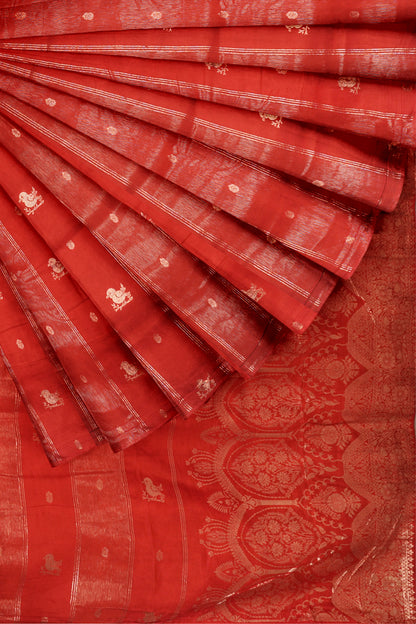 Red Dola Zari Lines Little Birds Butta Fancy Zari Pallu Saree